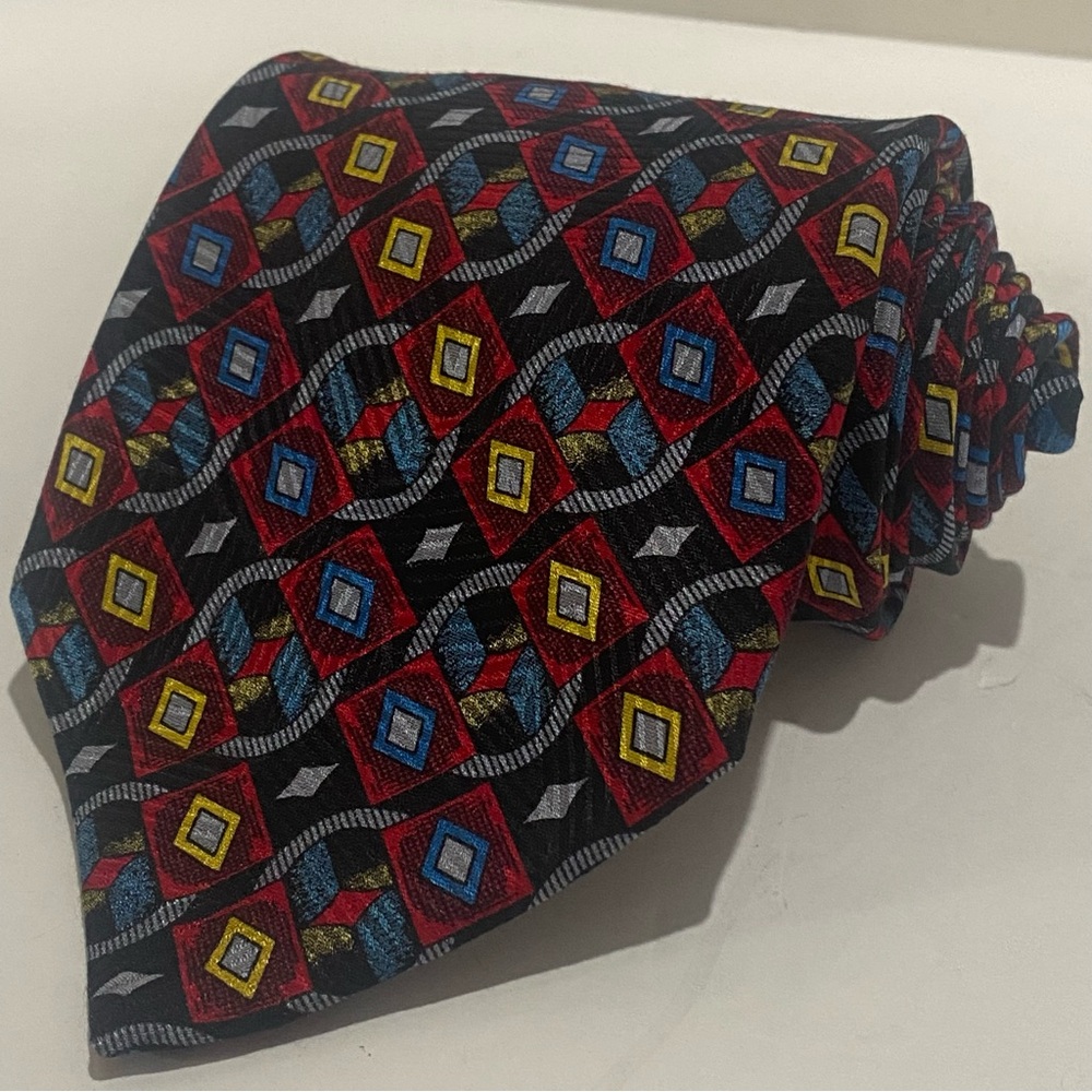 Brioni Roma 100% Silk Necktie Italy Luxury Designer Geometric Red Blue Gold